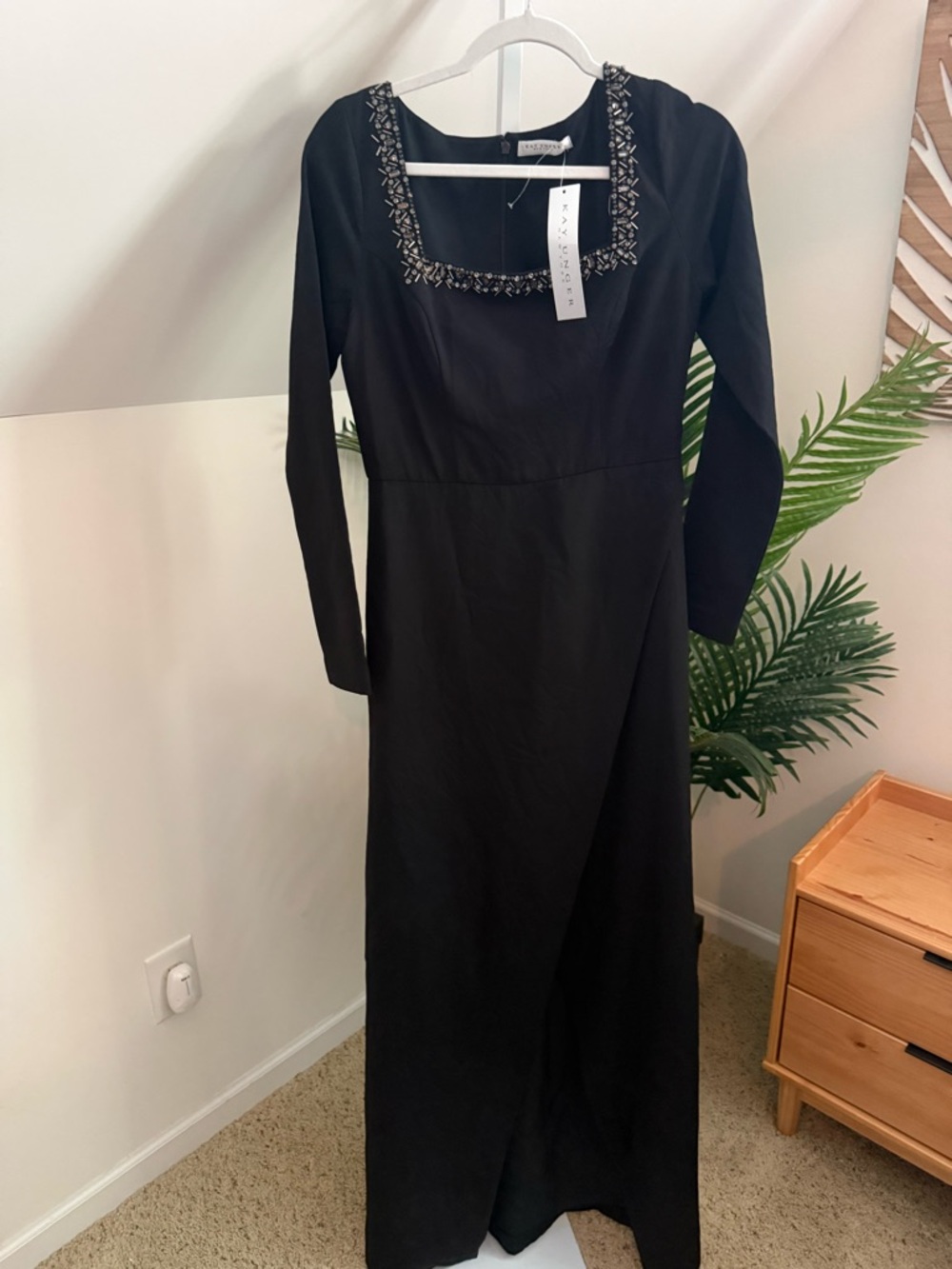 Kay Unger Embellished‎ Square-Neck Black Maxi Dress size 6